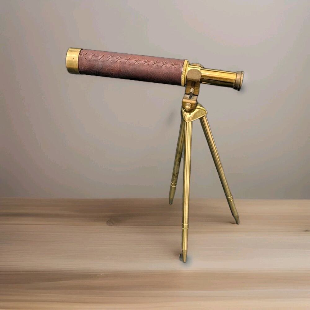 Leather Wrapped Table Telescope with Brass Tripod Stand 11" Decor Vintage